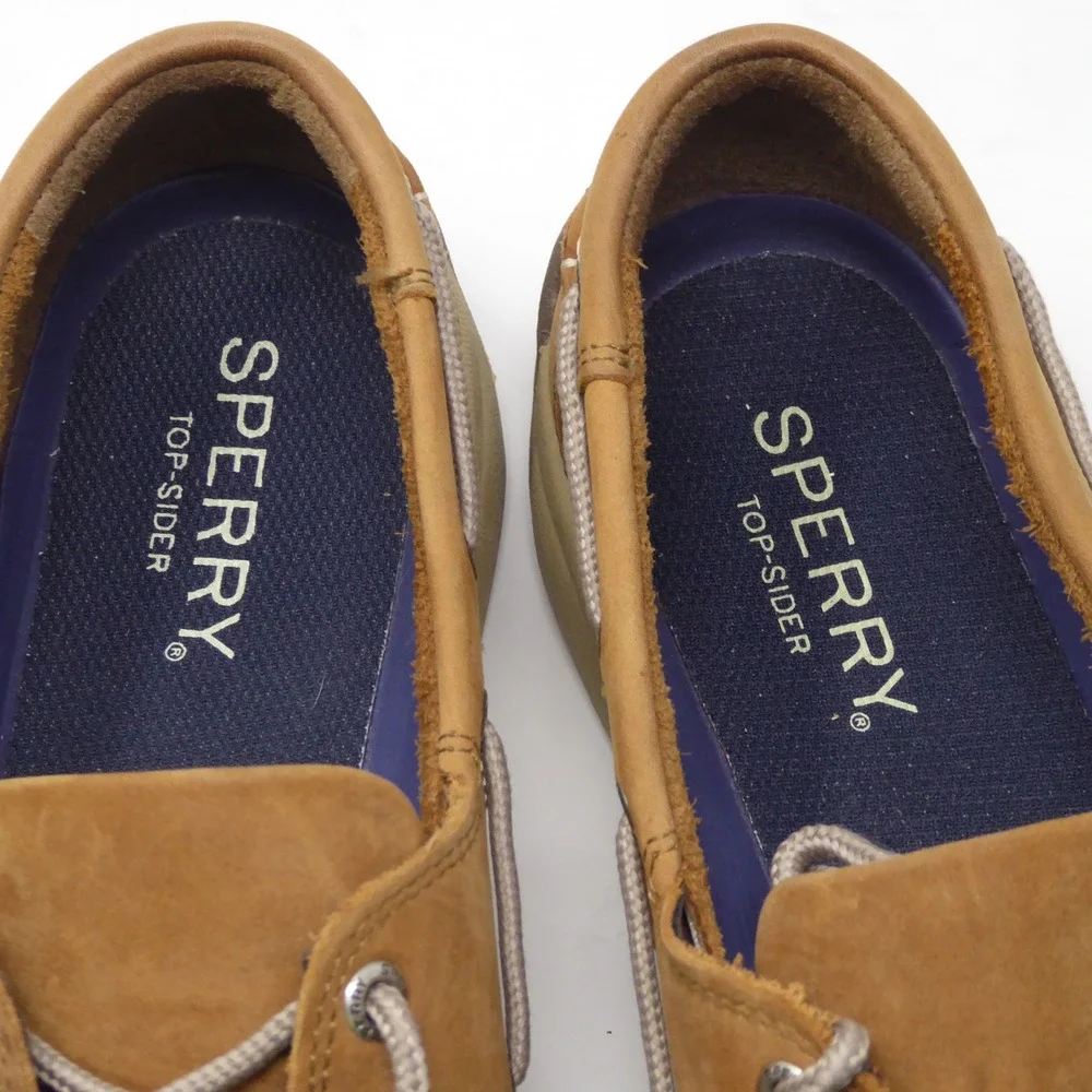 Sperry Mens Intrepid 2-Eye Boat Shoes Tan Leather Mesh STS21592 Size 11